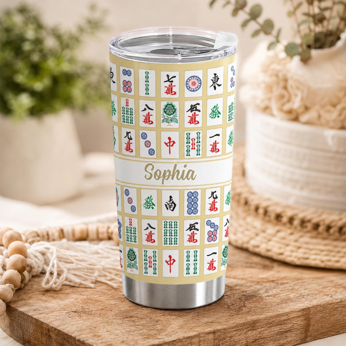 Customer in Austin, Texas wearing Mahjong Tile Tumbler Custom Name Personalized Stainless Steel Drinkware Gift for Mahjong Lovers