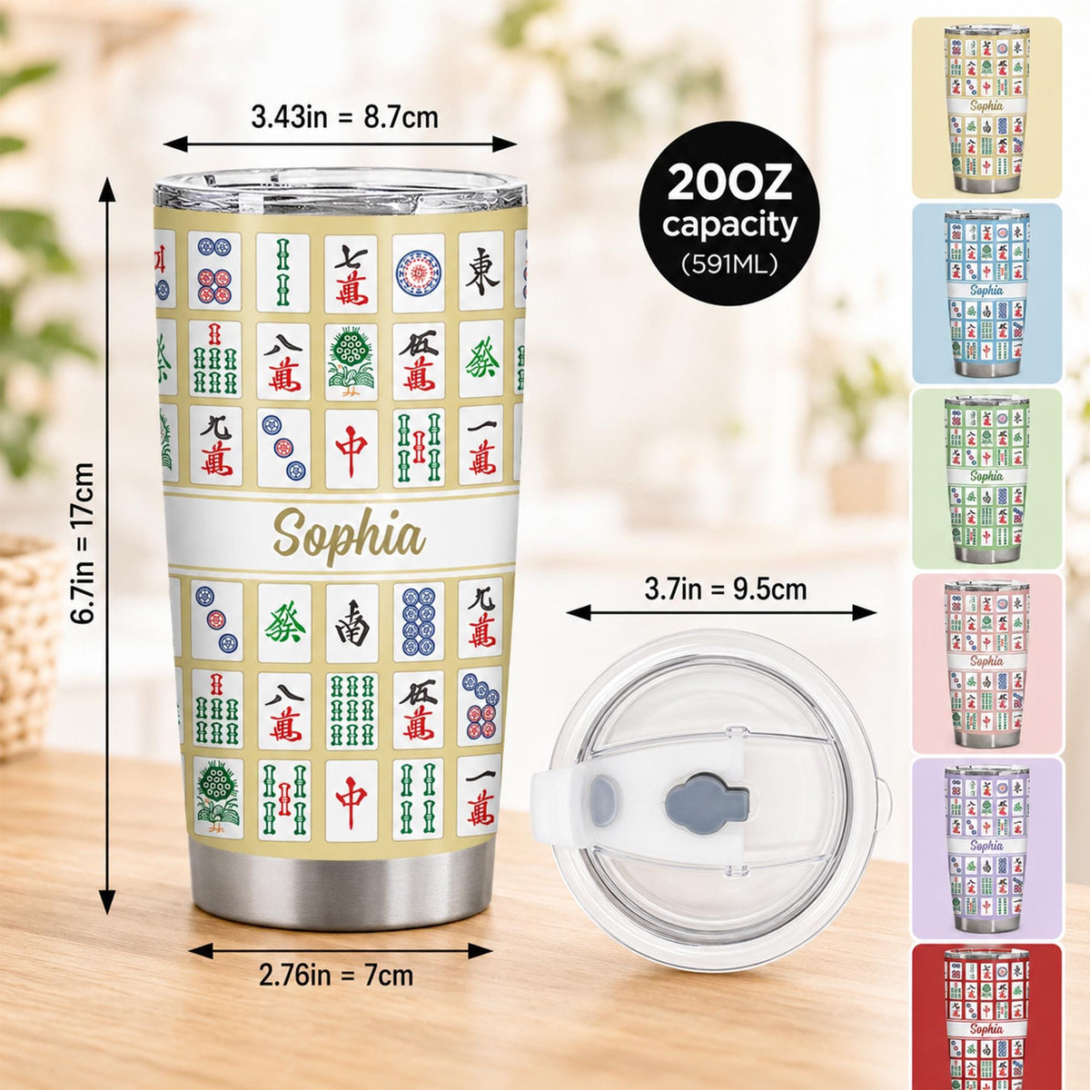 Close-up of Mahjong Tile Tumbler Custom Name Personalized Stainless Steel Drinkware Gift for Mahjong Lovers for streetwear fans in Austin, Texas