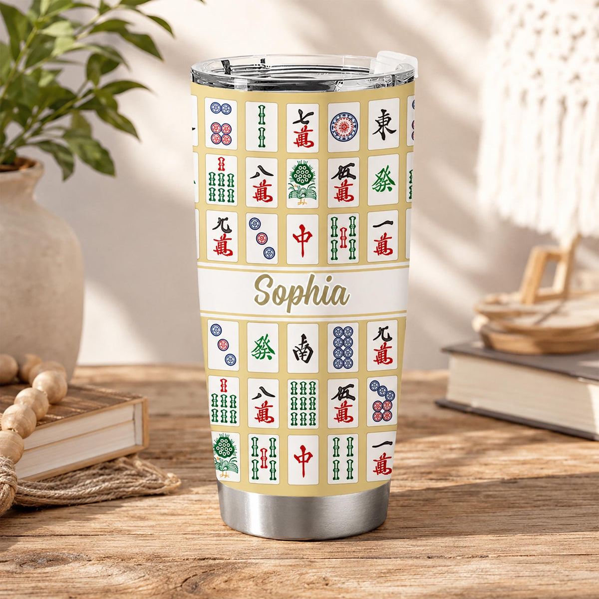 Customer in Austin, Texas wearing Mahjong Tile Tumbler Custom Name Personalized Stainless Steel Drinkware Gift for Mahjong Lovers