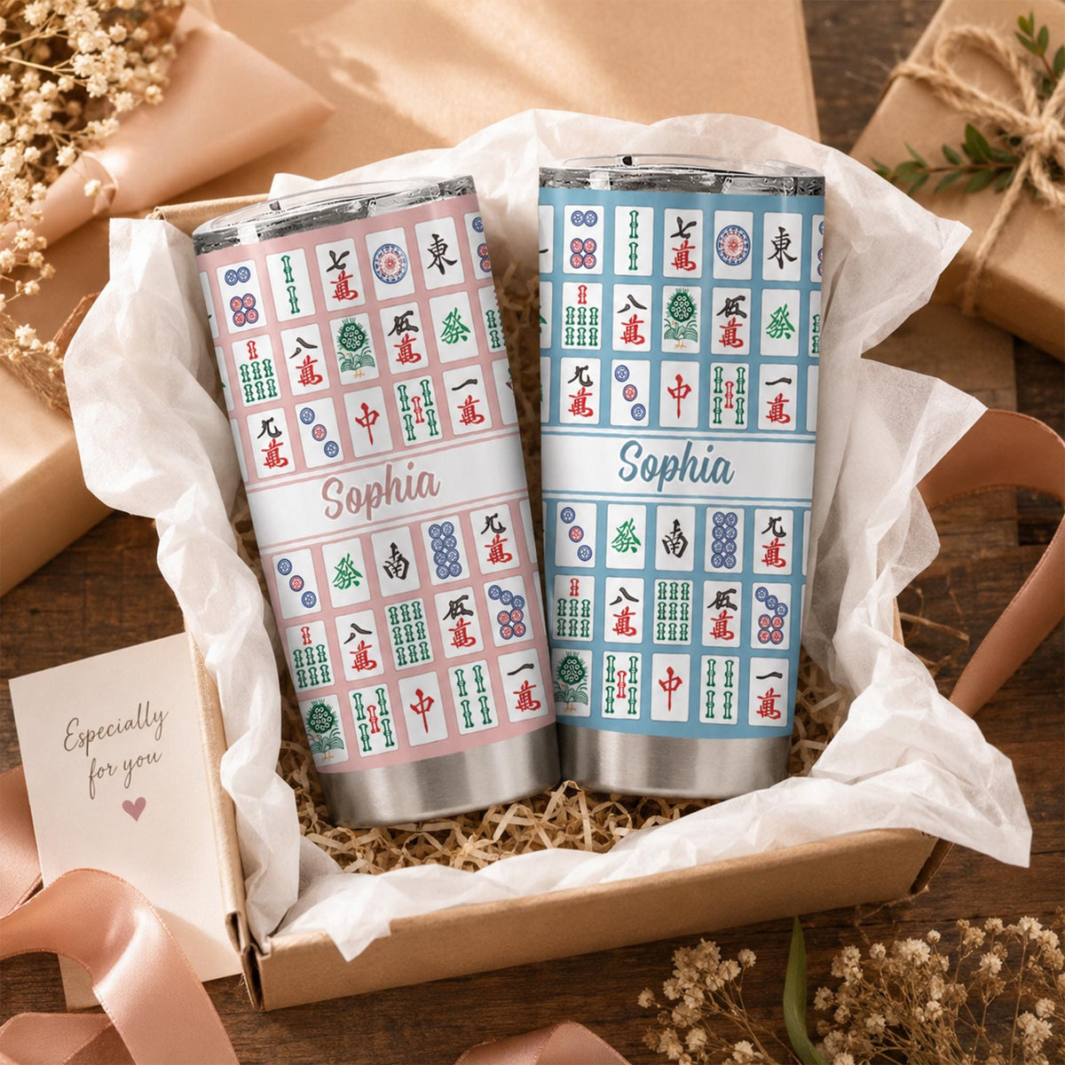 Close-up of Mahjong Tile Tumbler Custom Name Personalized Stainless Steel Drinkware Gift for Mahjong Lovers for streetwear fans in Austin, Texas