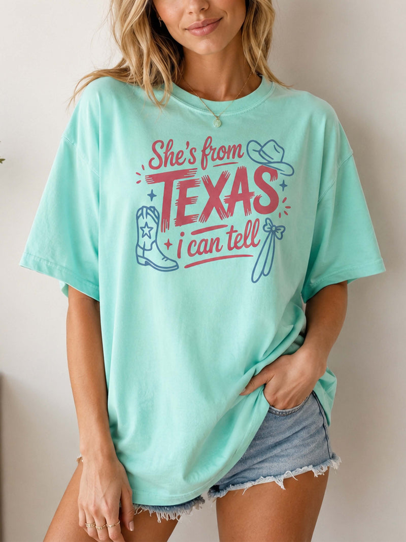BojjiCo She's From Texas I Can Tell Graphic T-Shirt For Women Western Cowgirl Coquette Aesthetic Southern Pride Light Blue Cotton Tee Country Music Concert Outfit Rodeo Tops Retro Texas Girl Hometown Vibes Apparel Summer