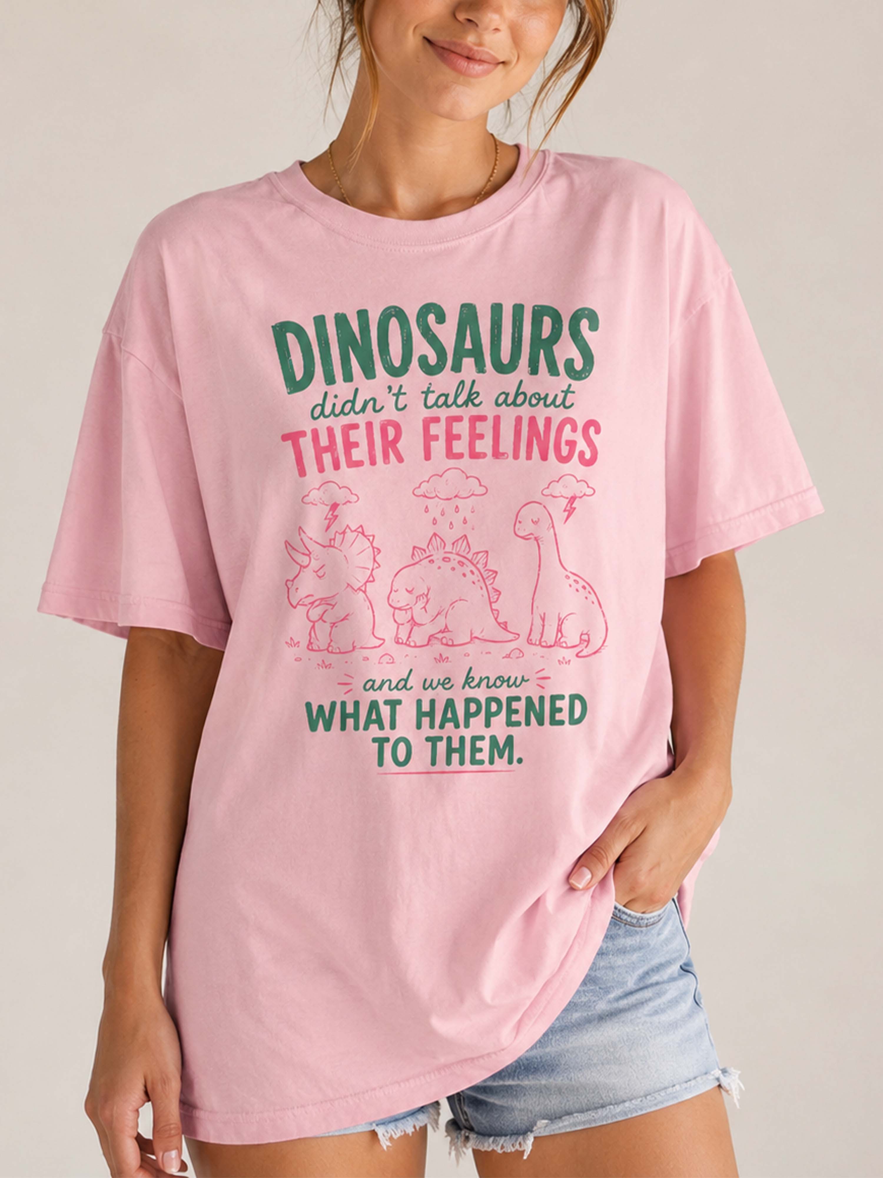 BojjiCo Funny Dinosaurs Didn't Talk About Their Feelings Graphic Tee Oversized T-Shirt for Women Men Retro Mental Health Awareness Mint Green Cotton School Counselor Shirt Social Worker Therapist Back to School Top