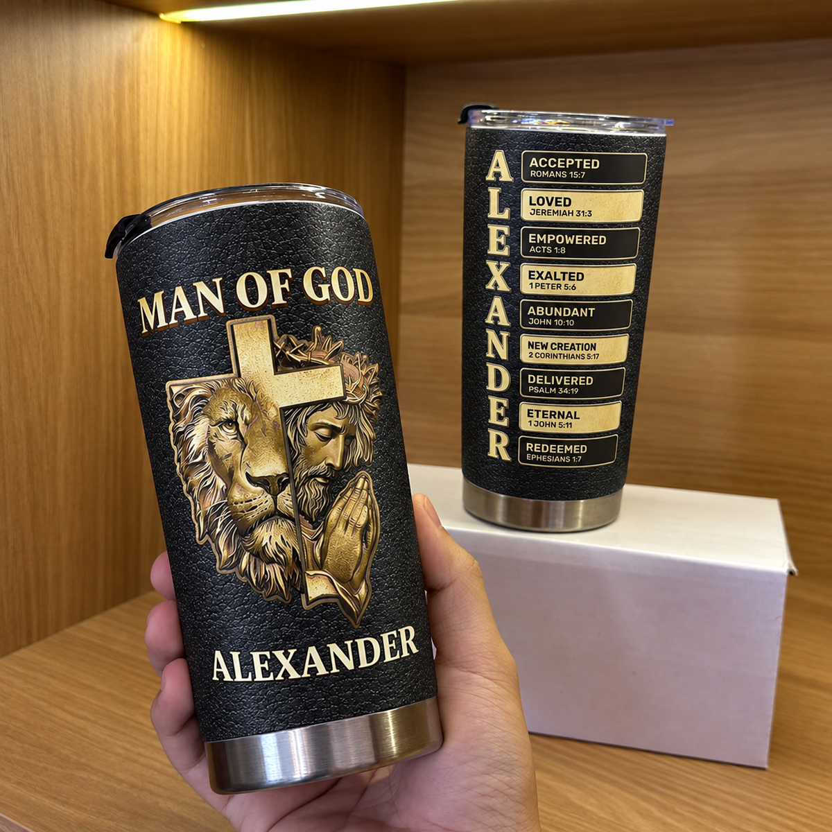 Man of God Tumbler Christian Lion Jesus Prayer Hands Gift for Men on a hanger, ready to ship from Austin, Texas