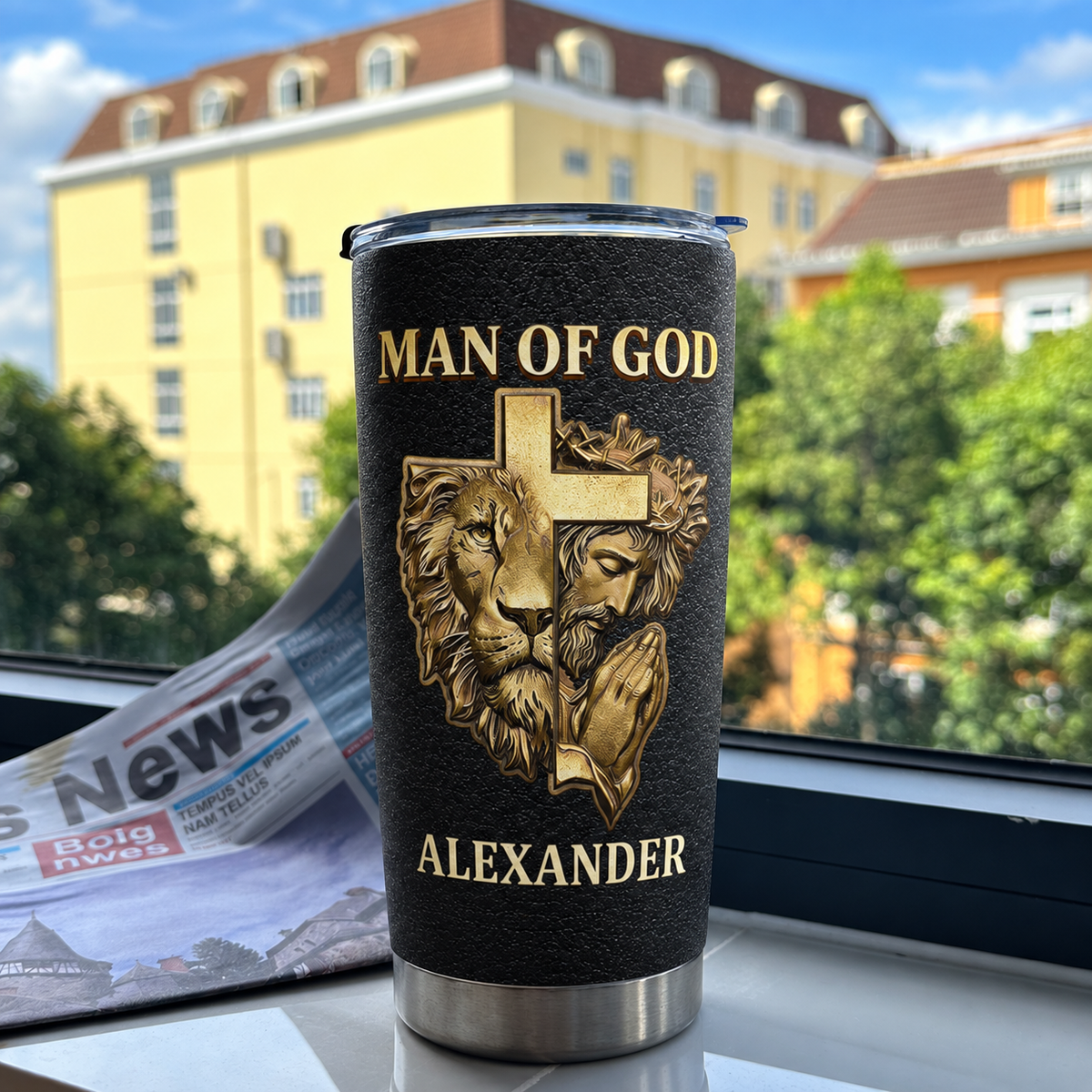 Customer in Austin, Texas wearing Man of God Tumbler Christian Lion Jesus Prayer Hands Gift for Men