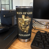 Close-up of Man of God Tumbler Christian Lion Jesus Prayer Hands Gift for Men for streetwear fans in Austin, Texas