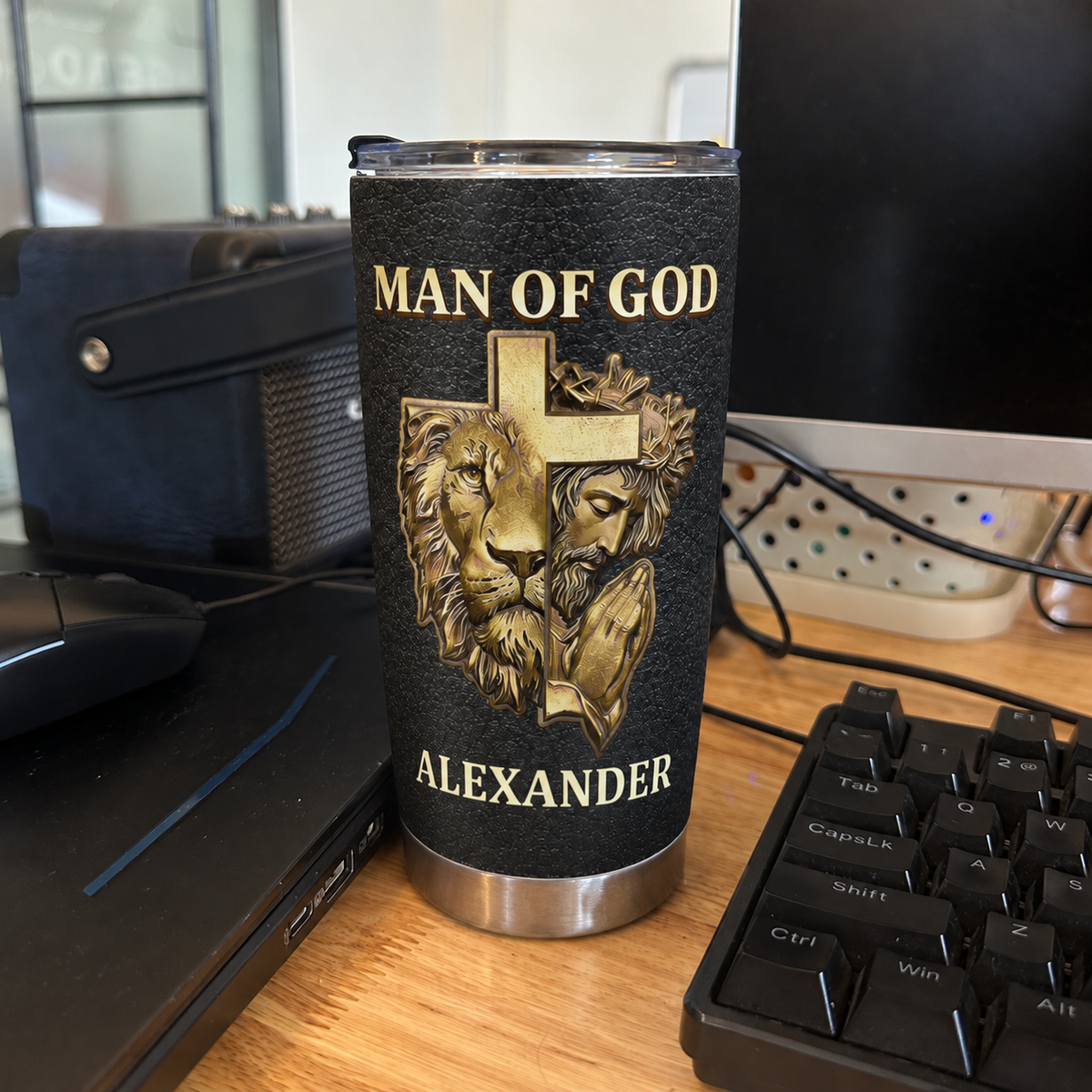 Close-up of Man of God Tumbler Christian Lion Jesus Prayer Hands Gift for Men for streetwear fans in Austin, Texas