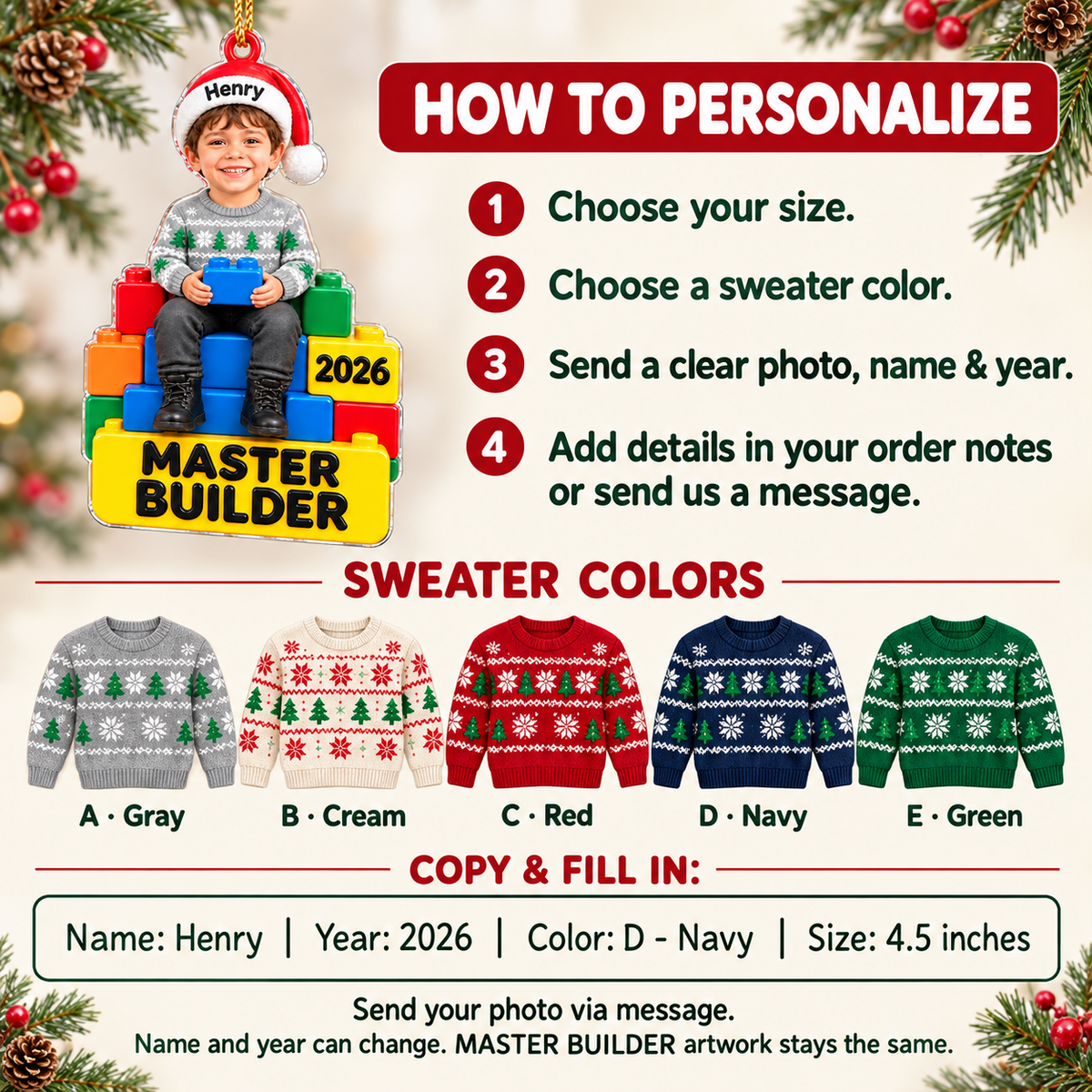 Personalized Master Builder Photo Ornament Custom Name Year Christmas Gift - personalization guide