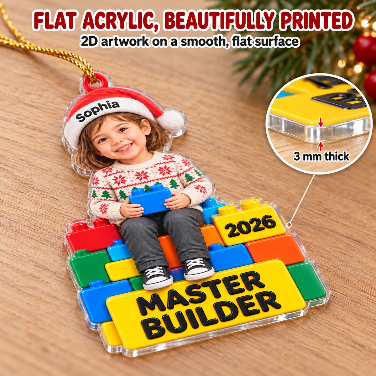Personalized Master Builder Photo Ornament Custom Name Year Christmas Gift - size and material details