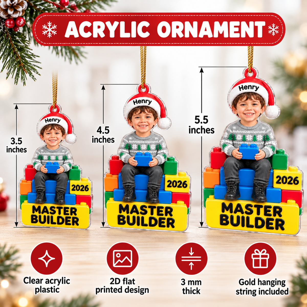 Personalized Master Builder Photo Ornament Custom Name Year Christmas Gift - product view 8