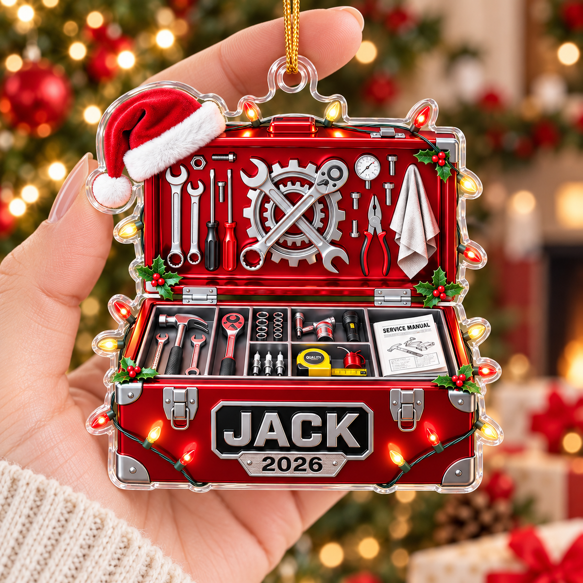 Personalized Mechanic Toolbox Ornament Custom Name Year Christmas Gift - held product view