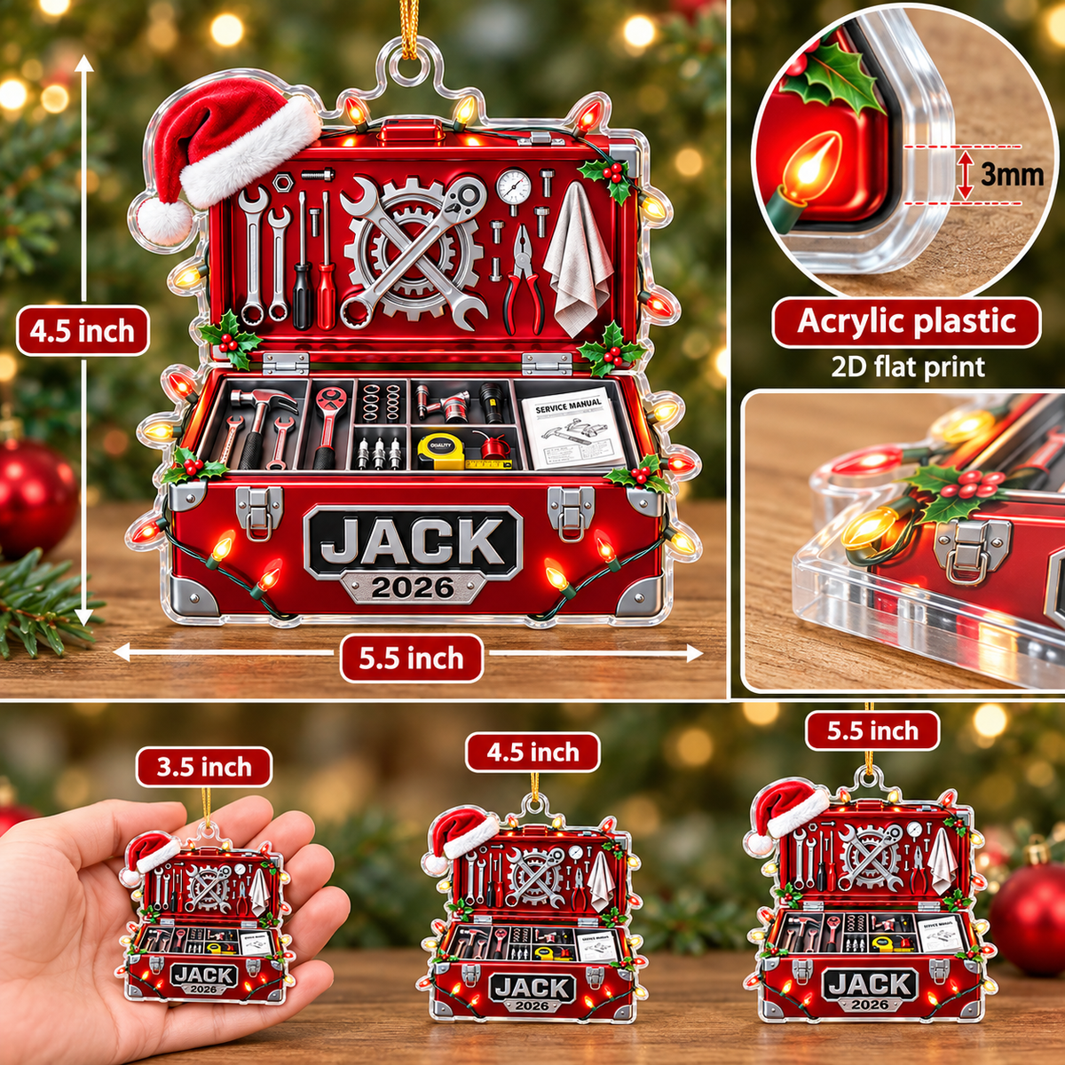 Personalized Mechanic Toolbox Ornament Custom Name Year Christmas Gift - size and product information