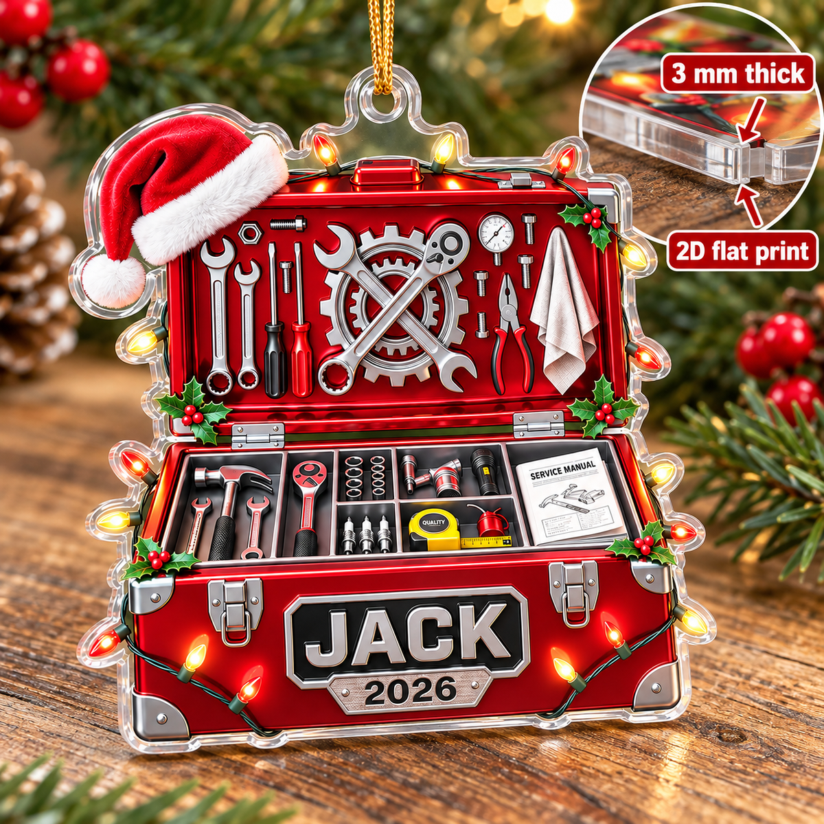 Personalized Mechanic Toolbox Ornament Custom Name Year Christmas Gift - material and flat print detail