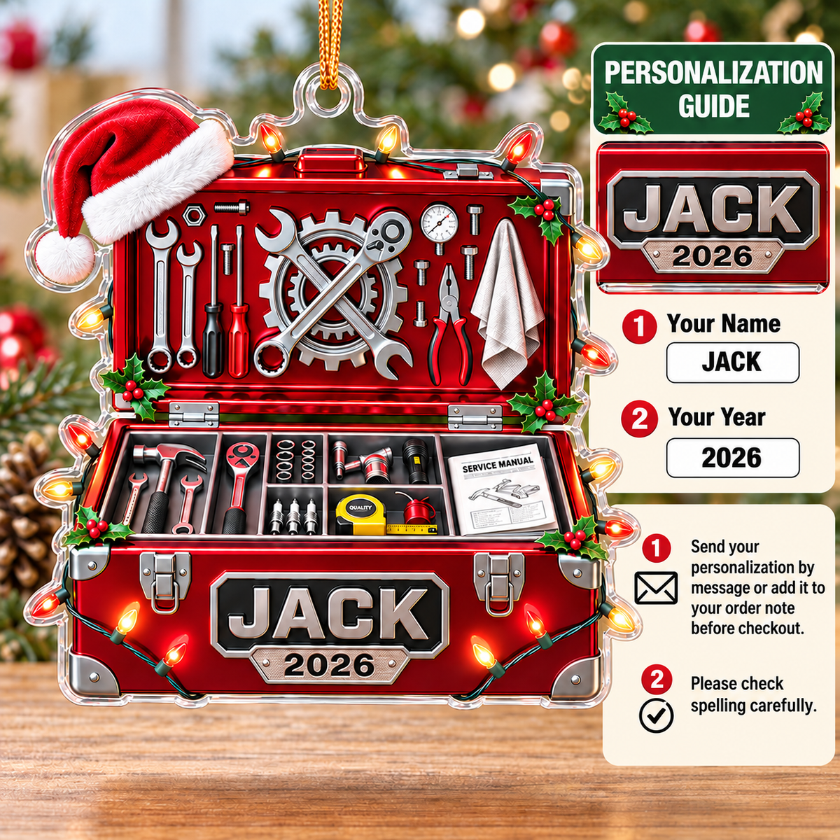 Personalized Mechanic Toolbox Ornament Custom Name Year Christmas Gift - personalization guide