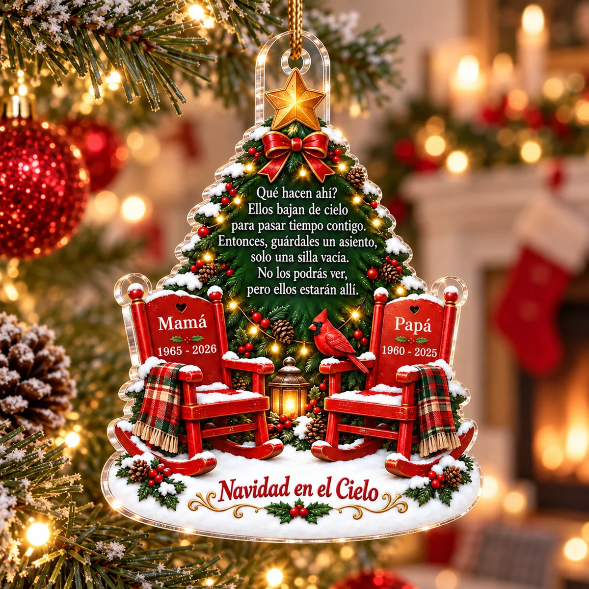 Customer in Los Angeles wearing Memorial Ornament Spanish Empty Chair Angel Gift Personalized Christmas Tree Decor