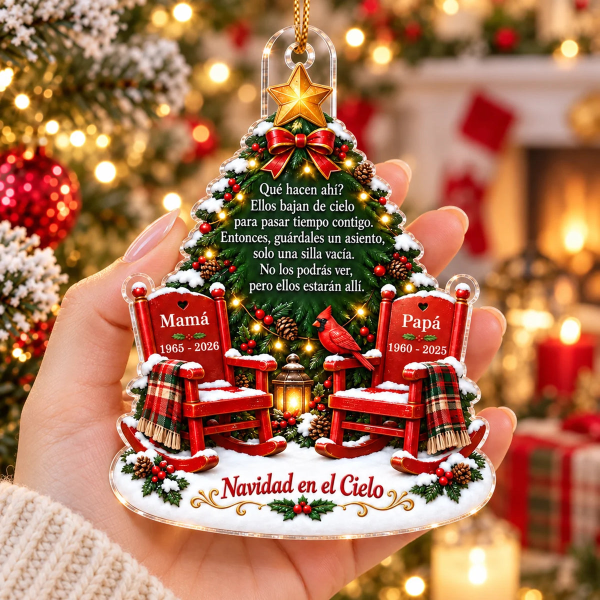 Close-up of Memorial Ornament Spanish Empty Chair Angel Gift Personalized Christmas Tree Decor for streetwear fans in Los Angeles