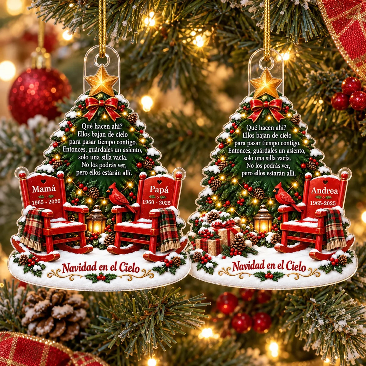 Two Spanish memorial Christmas tree acrylic ornaments featuring red rocking chairs, cardinals, and Navidad en el Cielo text.