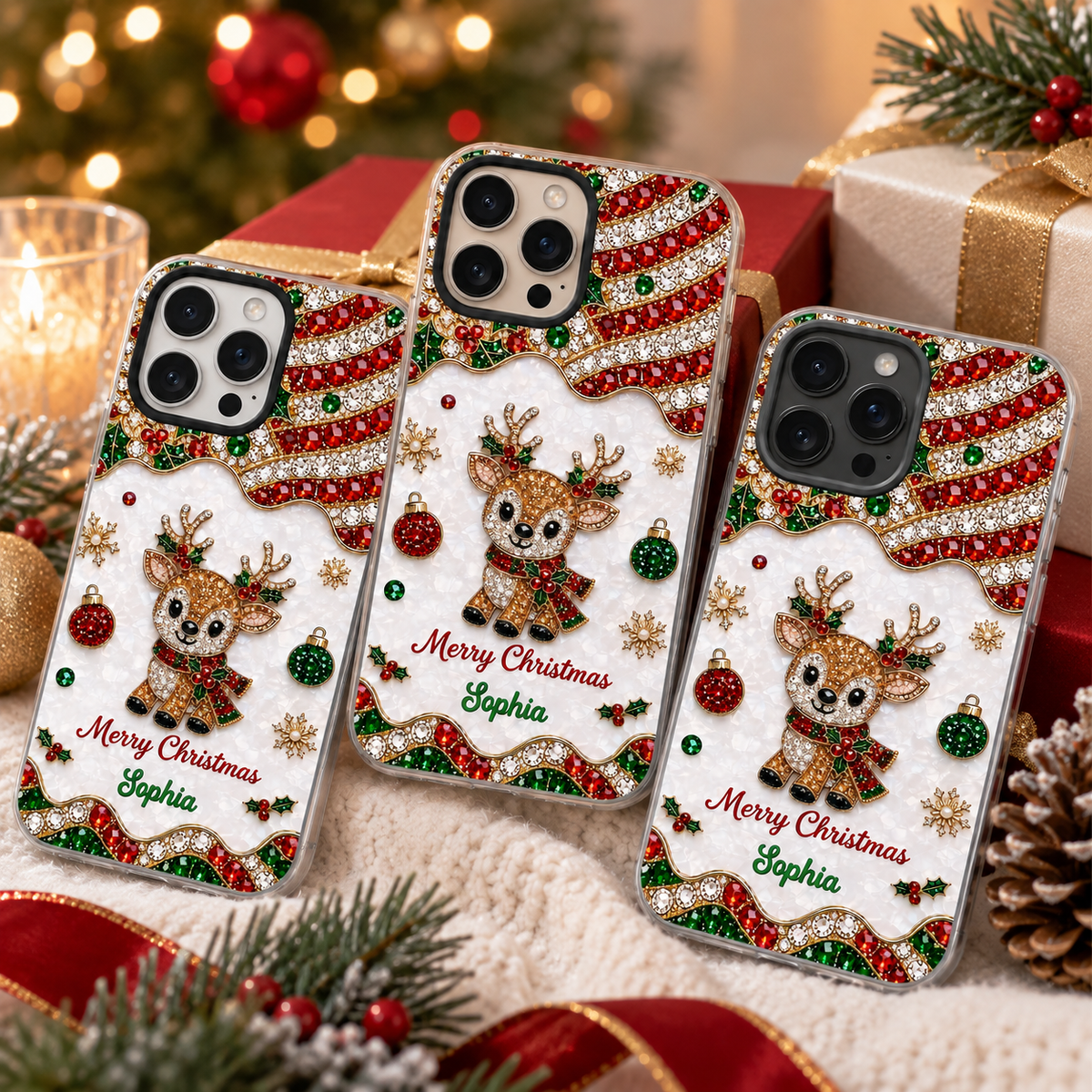 Customer in Austin, Texas wearing Merry Christmas Phone Case Sparkly Reindeer Bling Holiday Gift for Women