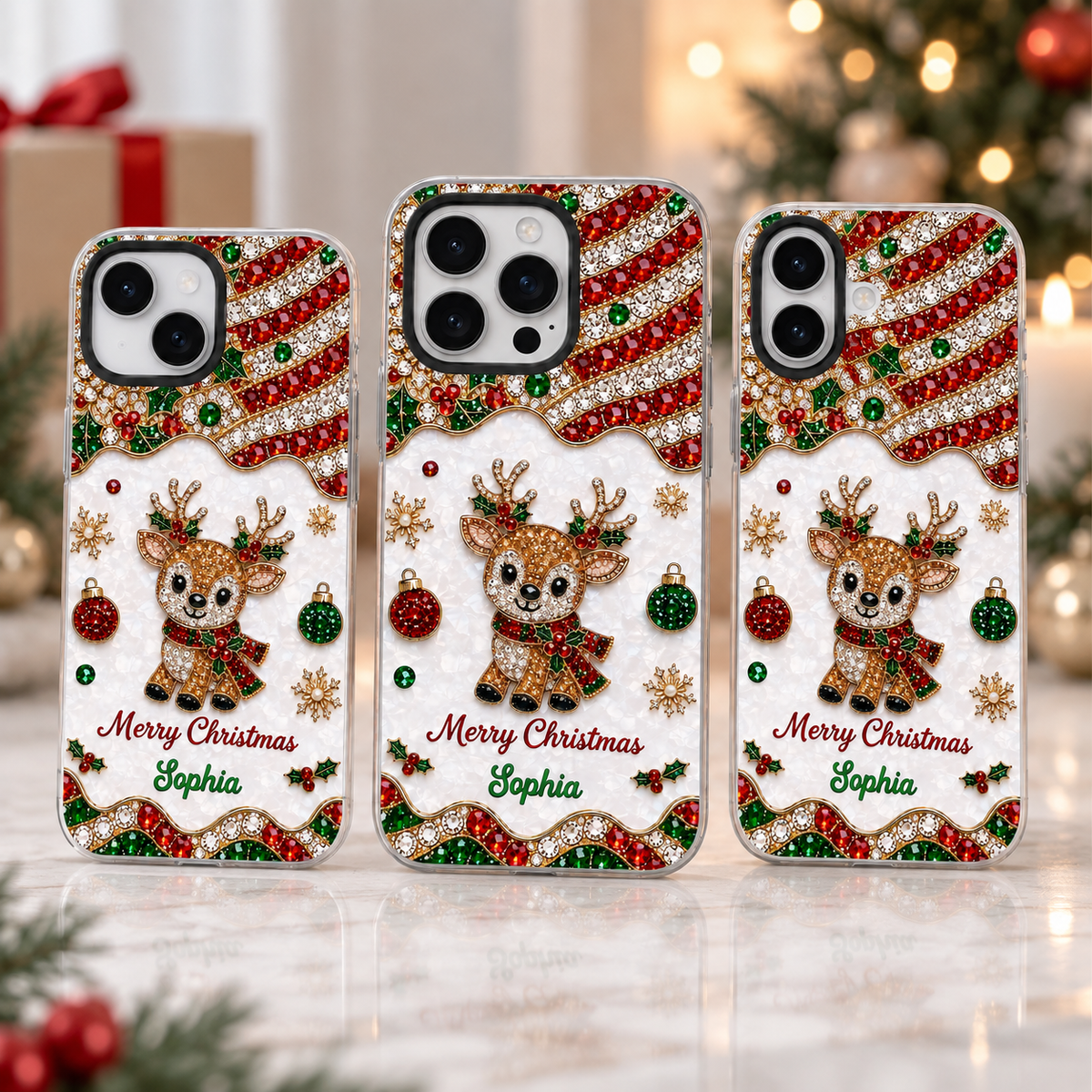 Close-up of Merry Christmas Phone Case Sparkly Reindeer Bling Holiday Gift for Women for streetwear fans in Austin, Texas