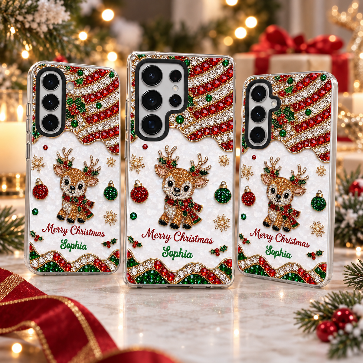 Customer in Austin, Texas wearing Merry Christmas Phone Case Sparkly Reindeer Bling Holiday Gift for Women