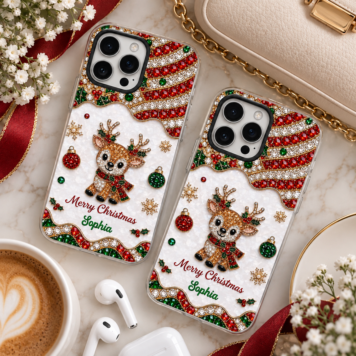Two Merry Christmas phone cases with custom name Sophia and rhinestone reindeer art laid next to wireless earbuds.