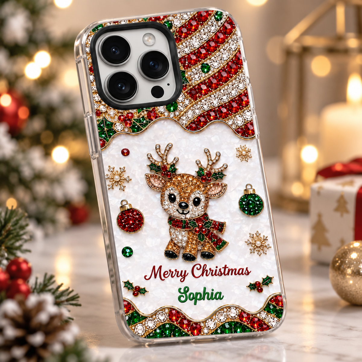 Merry Christmas phone case with jeweled reindeer print standing upright on a table with holiday decorations.