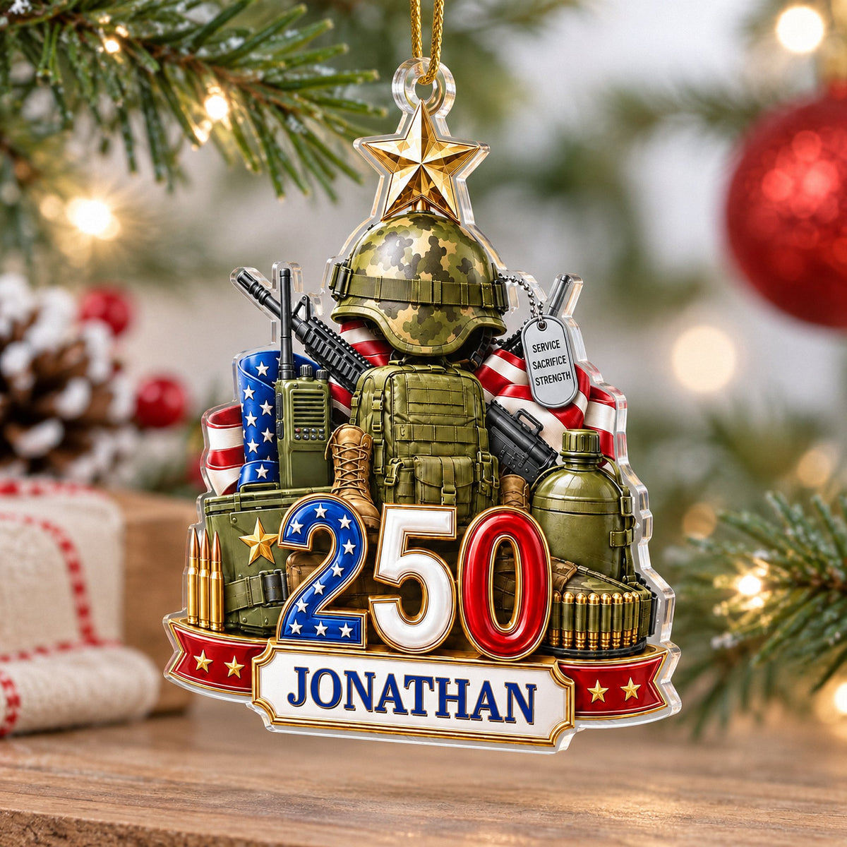 Personalized military ornament with camouflage helmet, American flag and 250 design hanging on a Christmas tree
