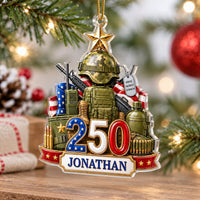 Personalized military ornament with camouflage helmet, American flag and 250 design hanging on a Christmas tree