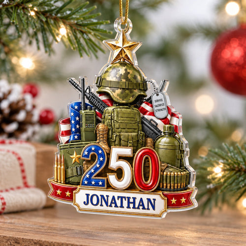 Personalized military ornament with camouflage helmet, American flag and 250 design hanging on a Christmas tree