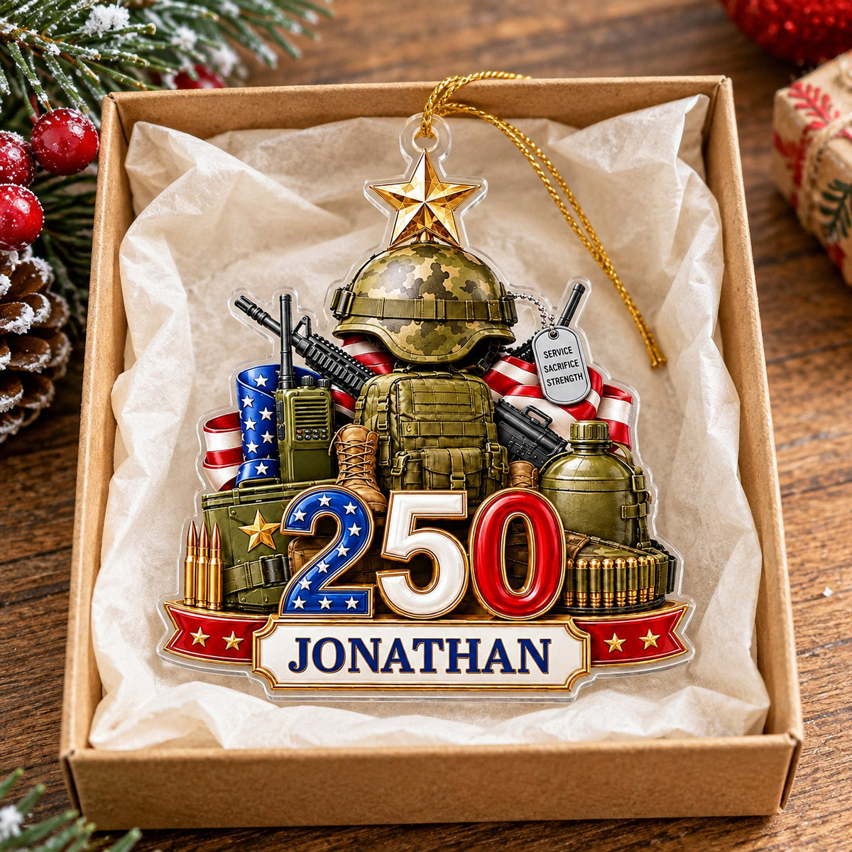 Personalized Veteran Christmas ornament resting inside a gift box lined with tissue paper.