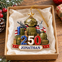 Personalized Veteran Christmas ornament resting inside a gift box lined with tissue paper.