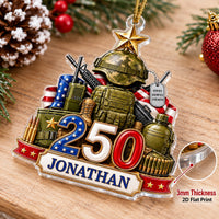Close-up of the military ornament showing 3mm clear acrylic thickness and flat 2D print details.