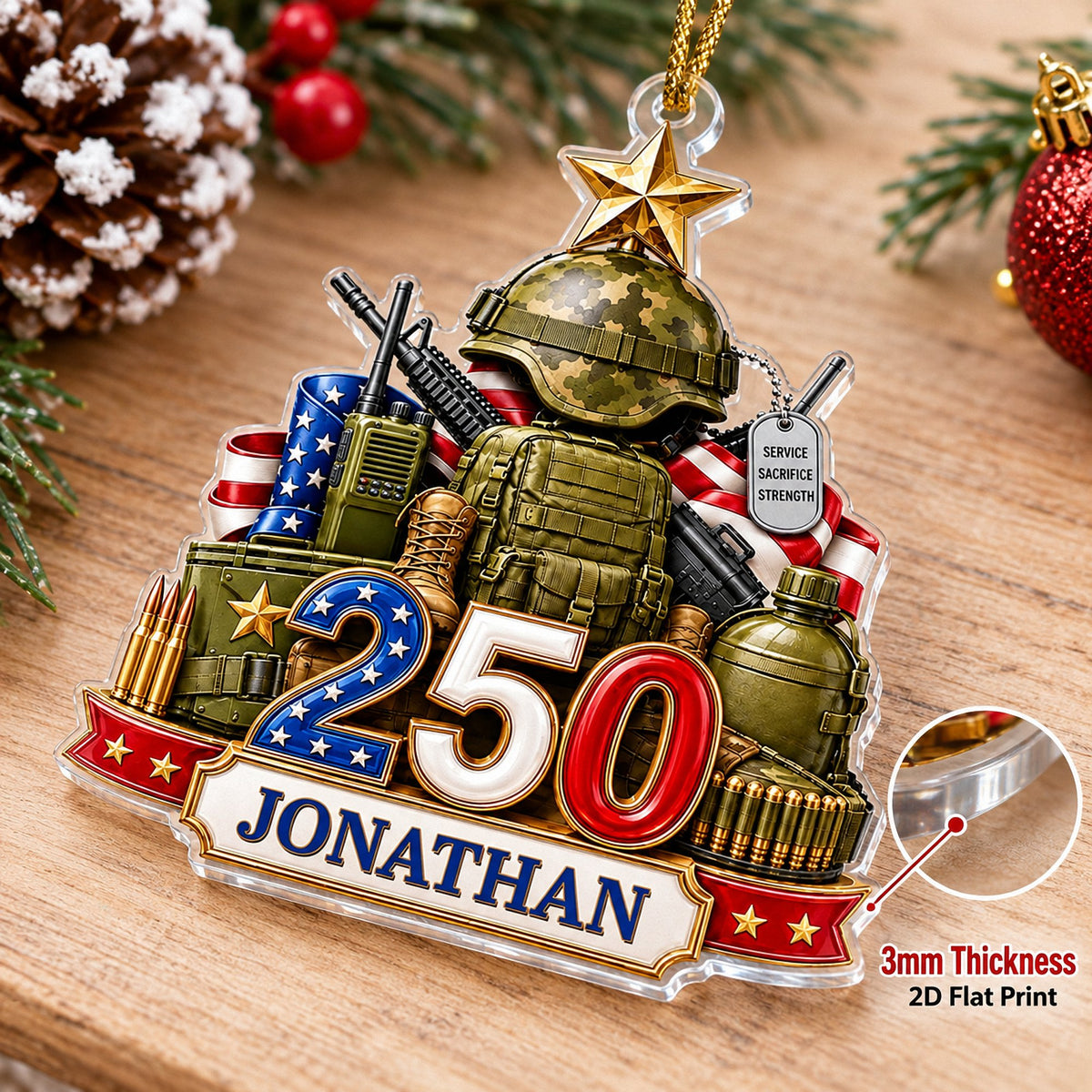 Close-up of the military ornament showing 3mm clear acrylic thickness and flat 2D print details.