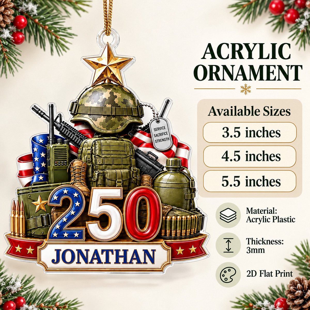 Graphic showing available ornament sizes of 3.5, 4.5, and 5.5 inches next to the military design.