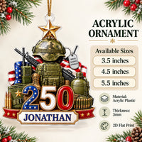 Graphic showing available ornament sizes of 3.5, 4.5, and 5.5 inches next to the military design.