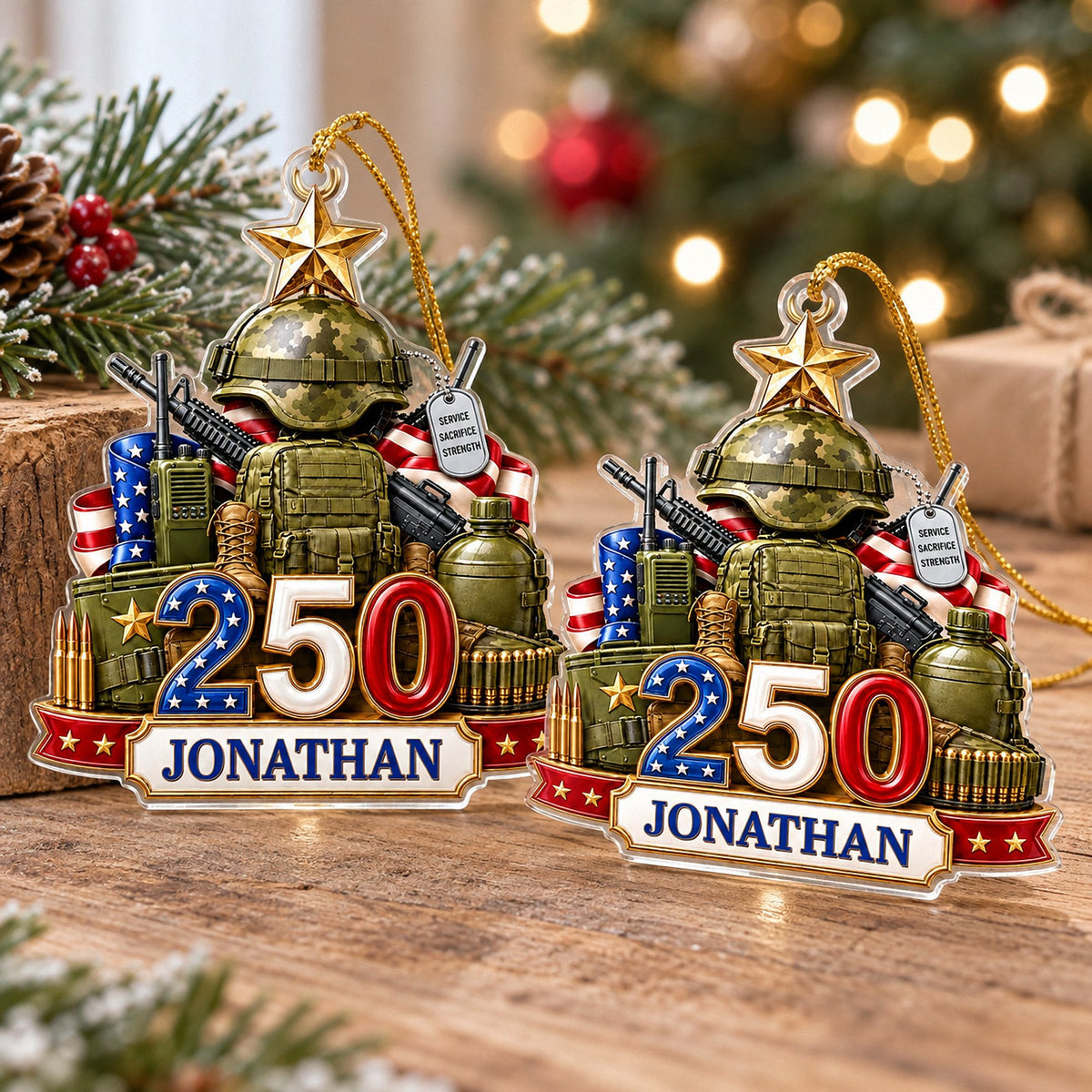 Two custom military ornaments displayed together on a wooden surface with holiday decorations.