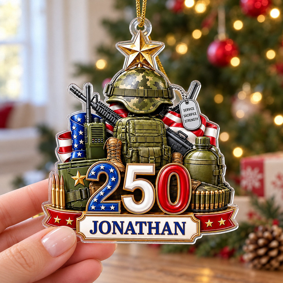 Hand holding the America 250th anniversary ornament with a custom name printed on the bottom ribbon.
