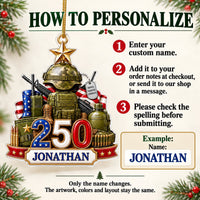 Step-by-step instructions showing how to personalize the military ornament with a custom name.