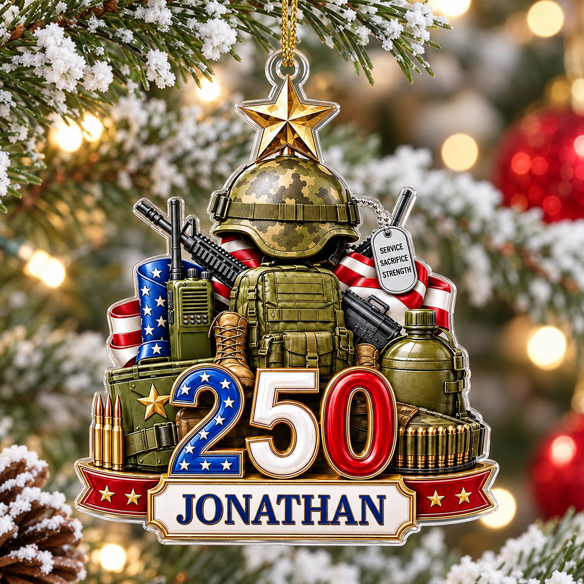 Acrylic military ornament hanging on a snow-dusted Christmas tree branch with warm lights.