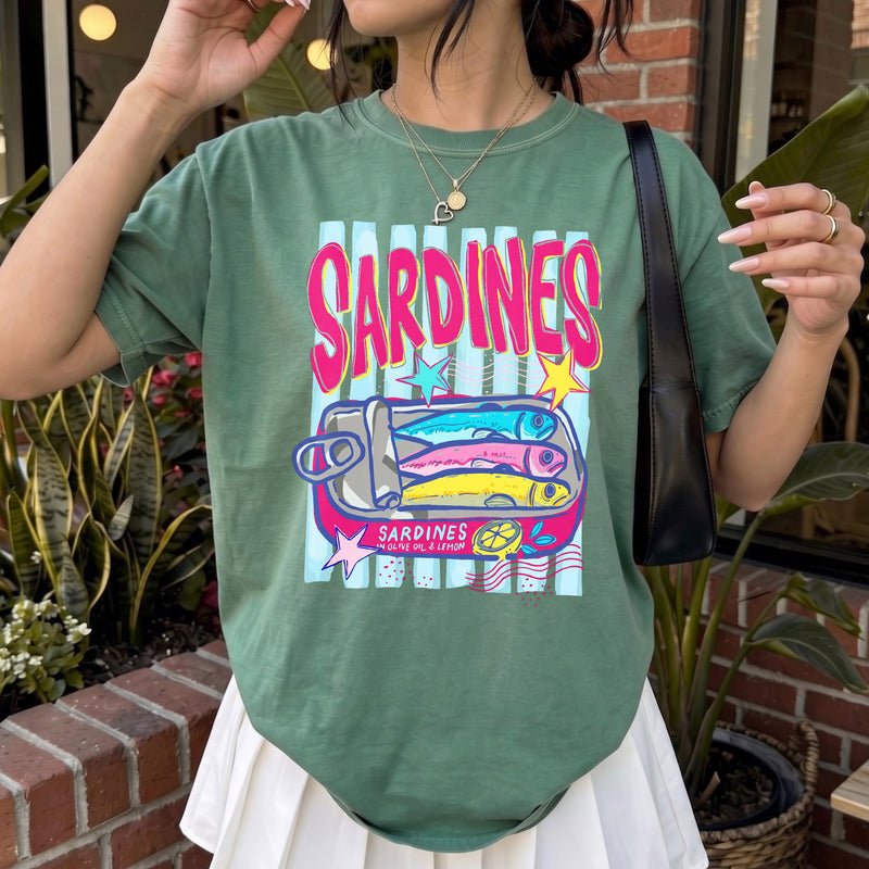 Bojjico Quirky Sardines Shirt Funny Retro Graphic T-Shirt for Women Oversized Y2K Pop Art Sardinecore Aesthetic Tinned Fish Tee Vintage Washed Charcoal Cotton Short Sleeve Crewneck Top Girly Boutique Fisherman Summer Outfit