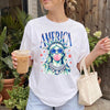 Bojjico America Statue of Liberty Graphic Tee Women's Pop Art Americana Indie Sleaze Pink Cotton Blend T-Shirt, Statue of Liberty Blowing Bubble Gum Shirt, 4th of July 250th Anniversary Outfit, Independence Day Tee America 250.
