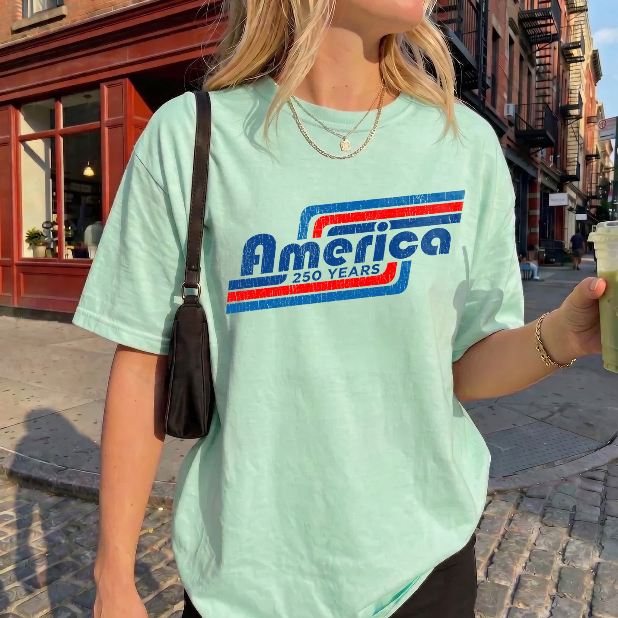 Bojjico America 250 Years Oversized Tee Retro Graphic T-Shirt For Women Y2K Streetwear Vintage Americana Purple Cotton Top 1776-2026 Semiquincentennial Patriotic Independence Day Shirt For Men And Women 4th Of July USA Flag Outfit