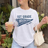 Bojjico Custom Personalized Grade And School Name Pennant Teacher Back To School Graphic T-Shirt For Educators Preppy Varsity Collegiate Coquette Aesthetic White Cotton Tee Matching School Spirit Team Outfit Appreciation Gift