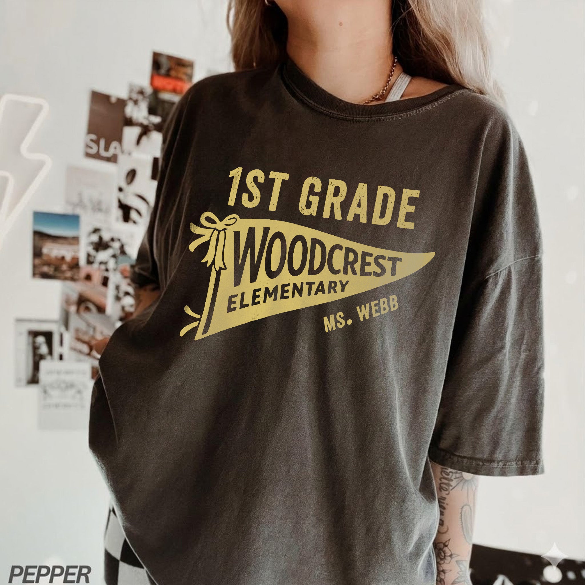 Bojjico Custom Personalized Grade And School Name Pennant Teacher Back To School Graphic T-Shirt For Educators Preppy Varsity Collegiate Coquette Aesthetic White Cotton Tee Matching School Spirit Team Outfit Appreciation Gift