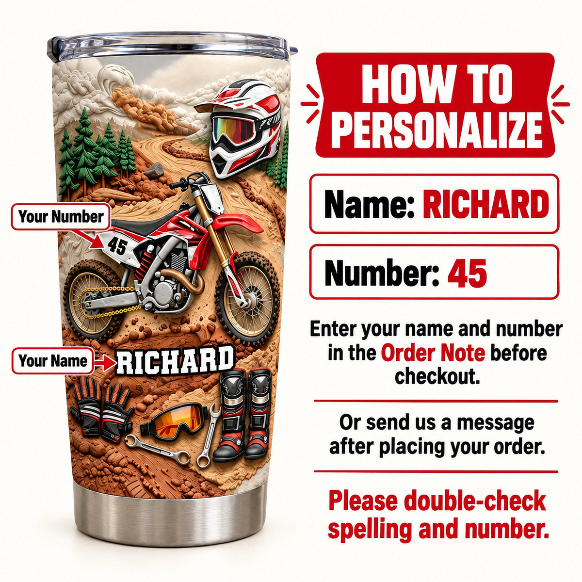 How to personalize infographic showing custom name and number steps for motocross dirt bike gear tumbler.