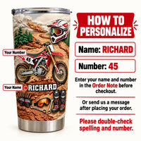 How to personalize infographic showing custom name and number steps for motocross dirt bike gear tumbler.