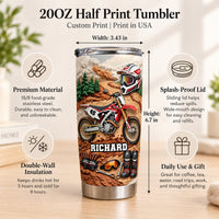 Motocross dirt bike gear personalized tumbler product spec infographic showing dimensions, insulation, and lid details.