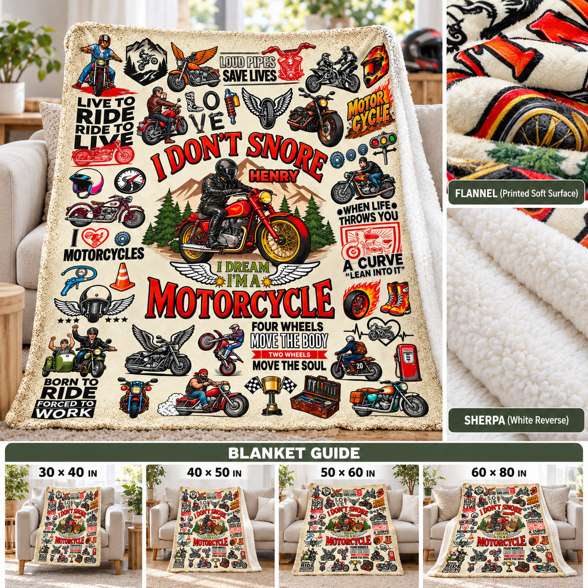 Personalized Motorcycle Blanket Custom Name Biker Rider Gift - size and material guide