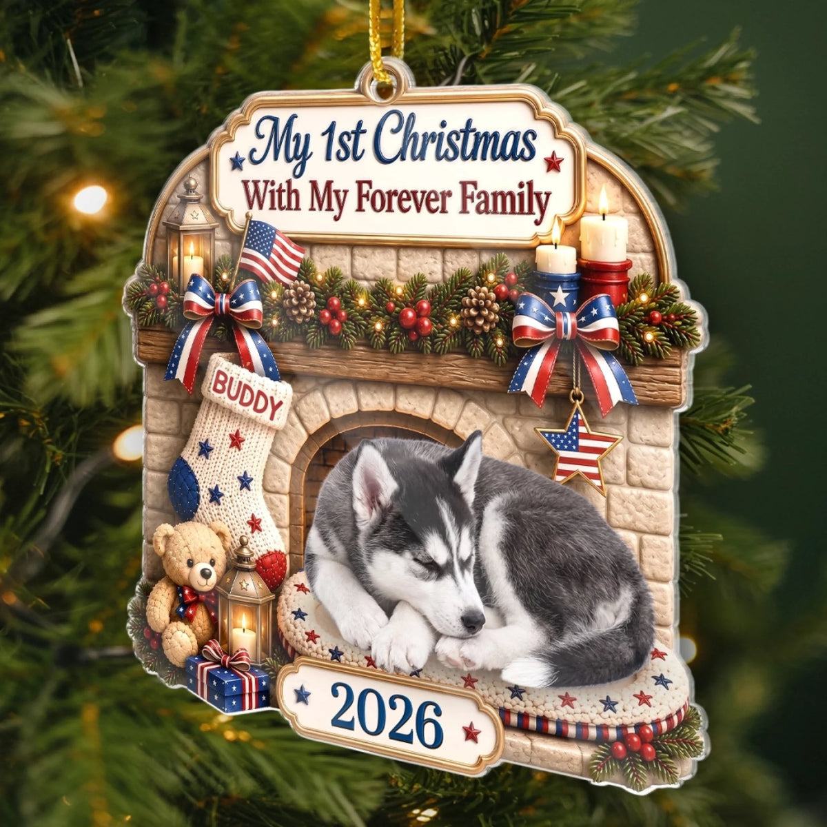 Close-up of My 1st Christmas With My Forever Family Ornament, Custom Name Dog Keepsake, Personalized Puppy Adopt for streetwear fans in Austin, Texas
