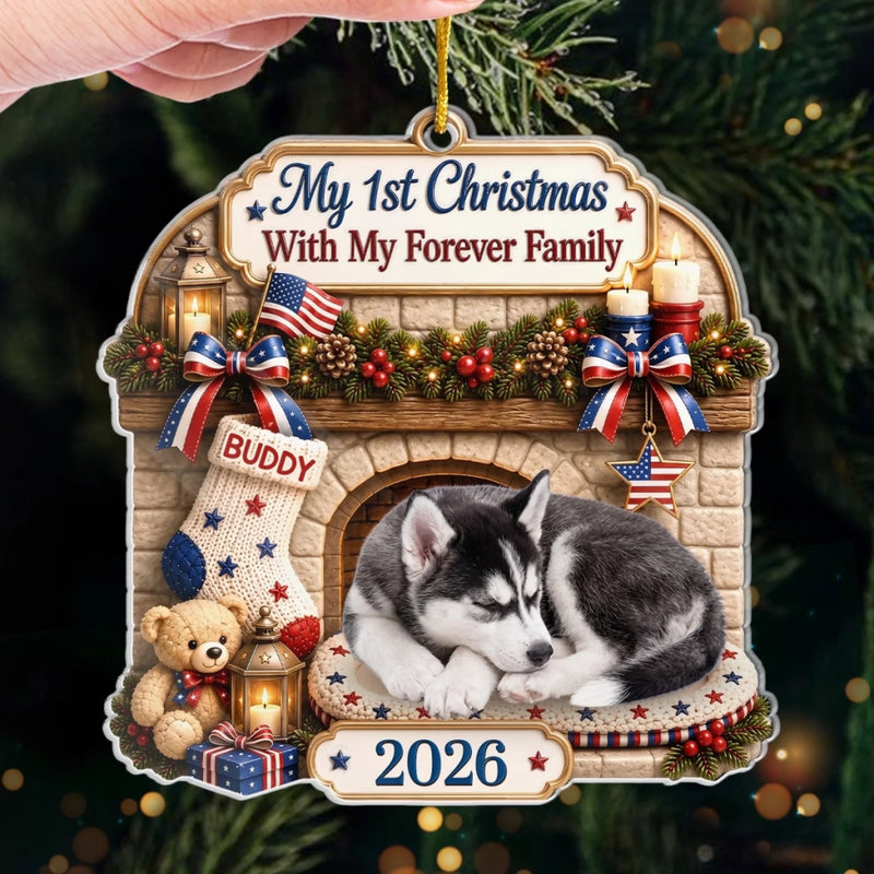My 1st Christmas With My Forever Family Ornament, Custom Name Dog Keepsake, Personalized Puppy Adopt available at our Austin, Texas warehouse