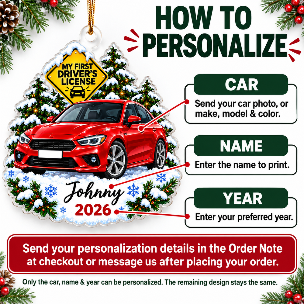 How to personalize guide showing a red car ornament, explaining how to send car photo, name, and year for new driver gift